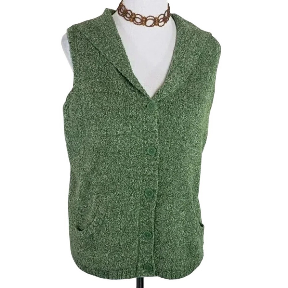 Christopher &‎ Banks Sweater Vest M Green Hooded Button Front Boucle Knit Pocket